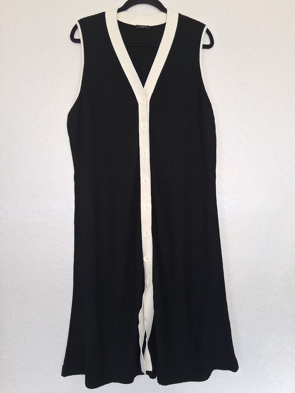 Talbots Plus Ribbed Knit Cardigan Dress Black White Trim Button Midi Vest 1X 16